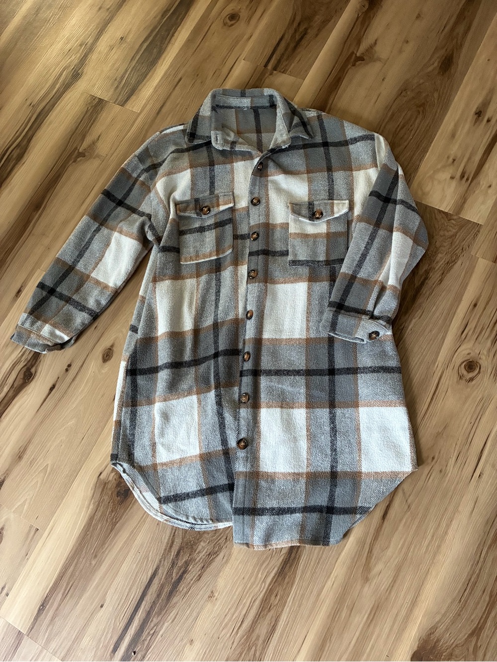 Plaid Button-Front Shacket in Gray and Brown